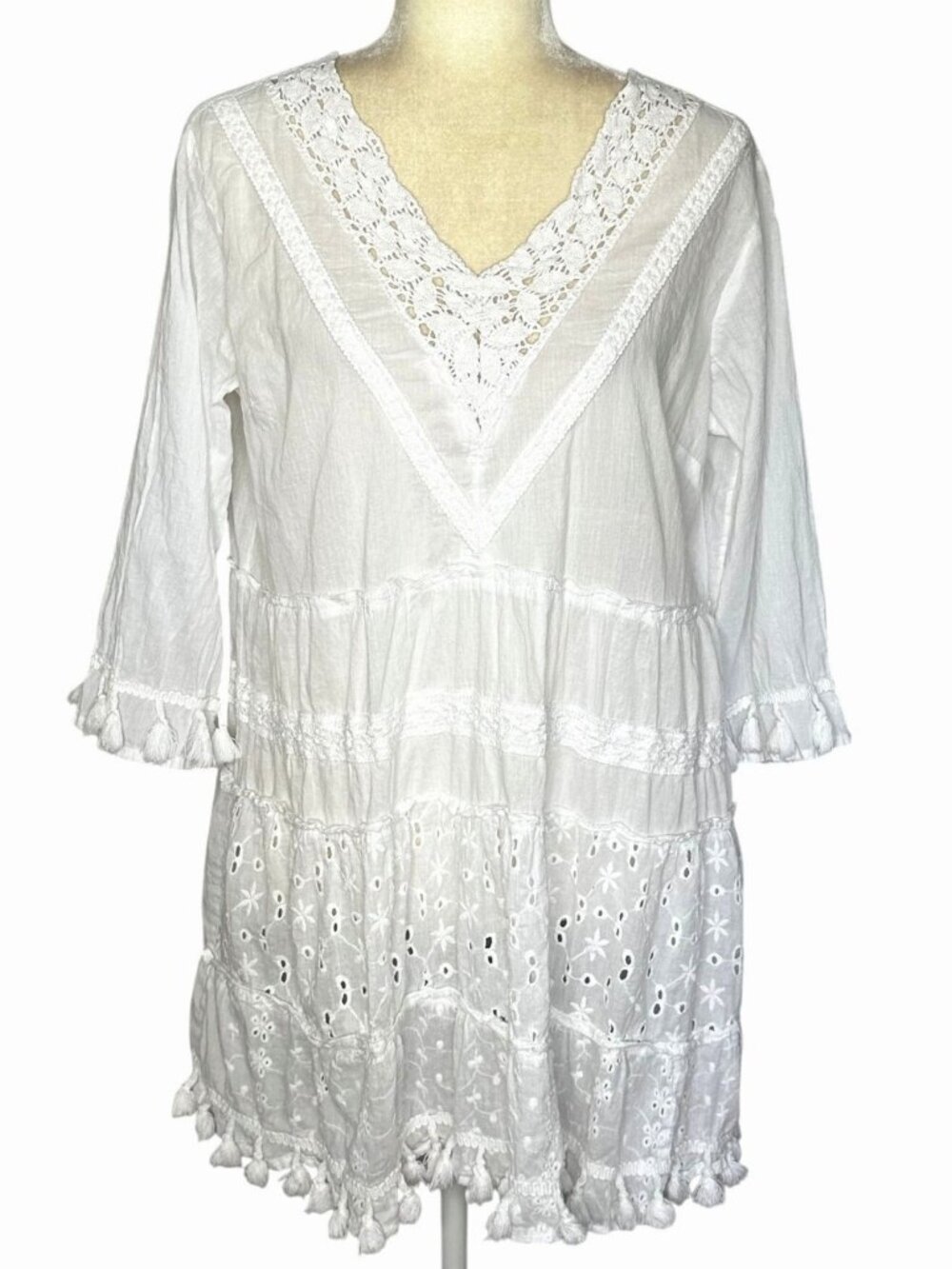 White Eyelet Mini Dress Cotton Boho V Neck Tassel XL Cottagecore